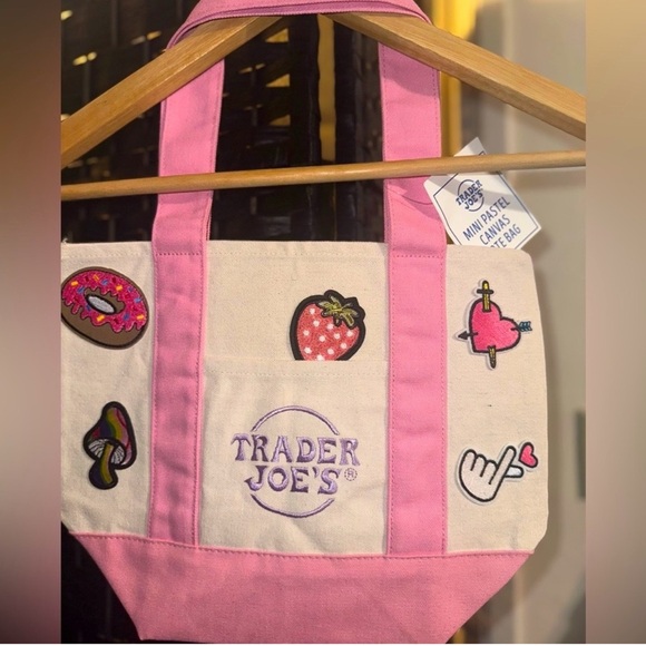 Trader Joe'S Handbags - Trader Joe's✨🩷💛Pink and Cream Tote Bag with cute patches